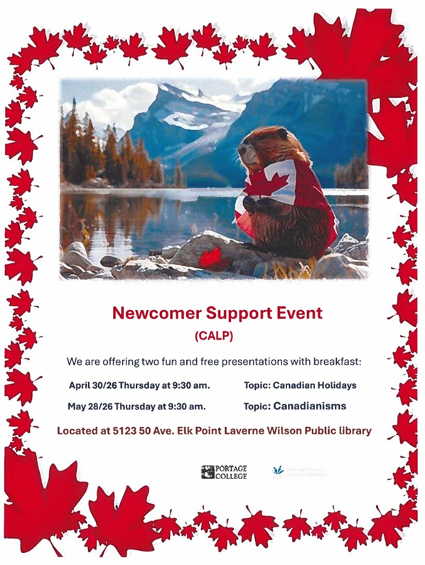 Elk Point CALP event poster for a Newcomer Support Event on May 28, 2026