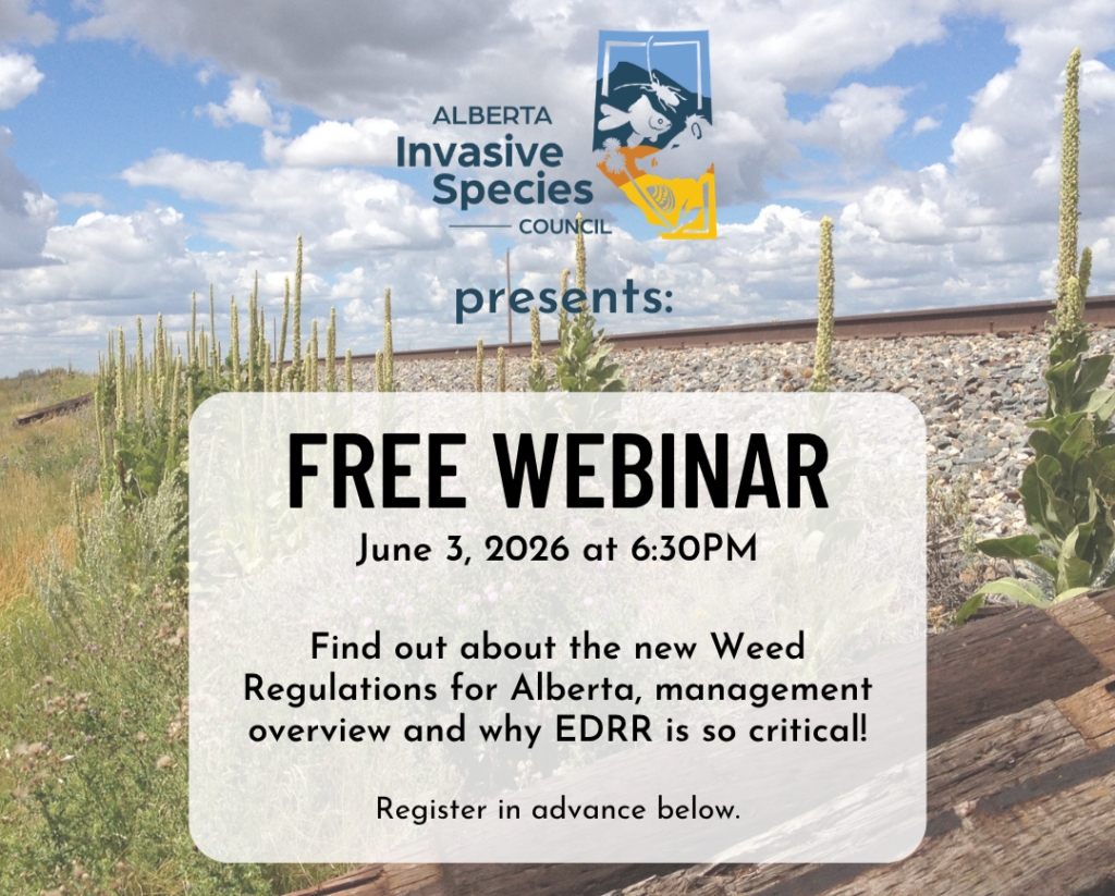 Alberta Invasive Species Council event poster for a Free Webinar on June 3, 2026