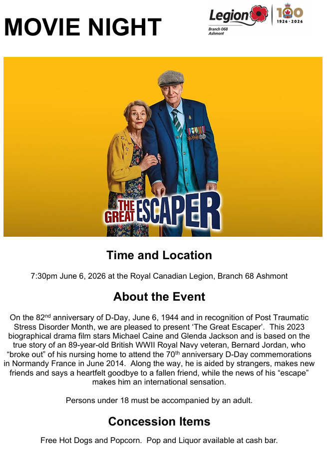 Ashmont Legion event poster for Movie Night: The Great Escaper on June 6, 2026
