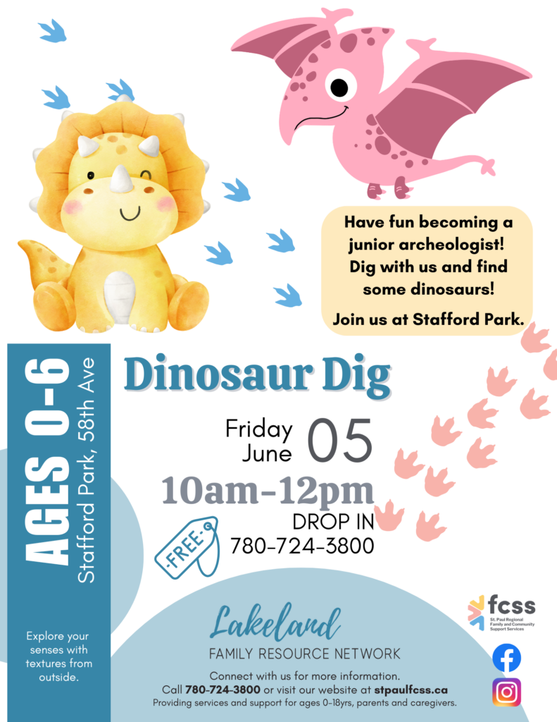 St. Paul Regional FCSS event poster for Dinosaur Dig in Elk Point, Alberta