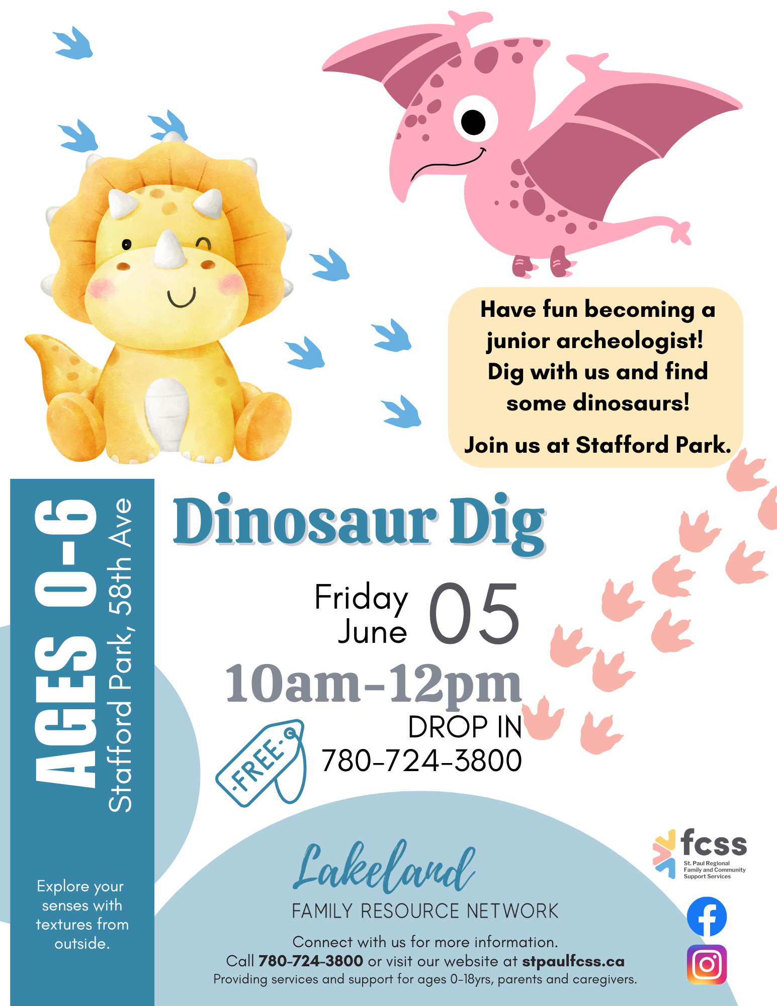 St. Paul Regional FCSS event poster for Dinosaur Dig in Elk Point, Alberta