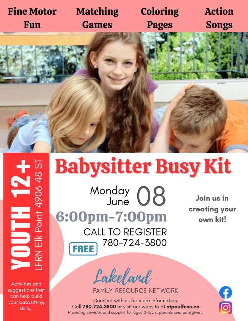 Lakeland Family Resource Network event poster for Babysitter Busy Kit on June 8, 2026, in Elk Point, Alberta