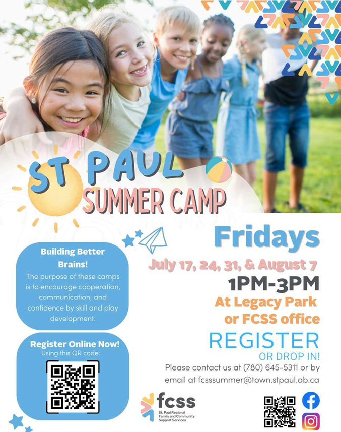 St. Paul Regional FCSS event poster for St. Paul Summer Camp from July-August, 2026