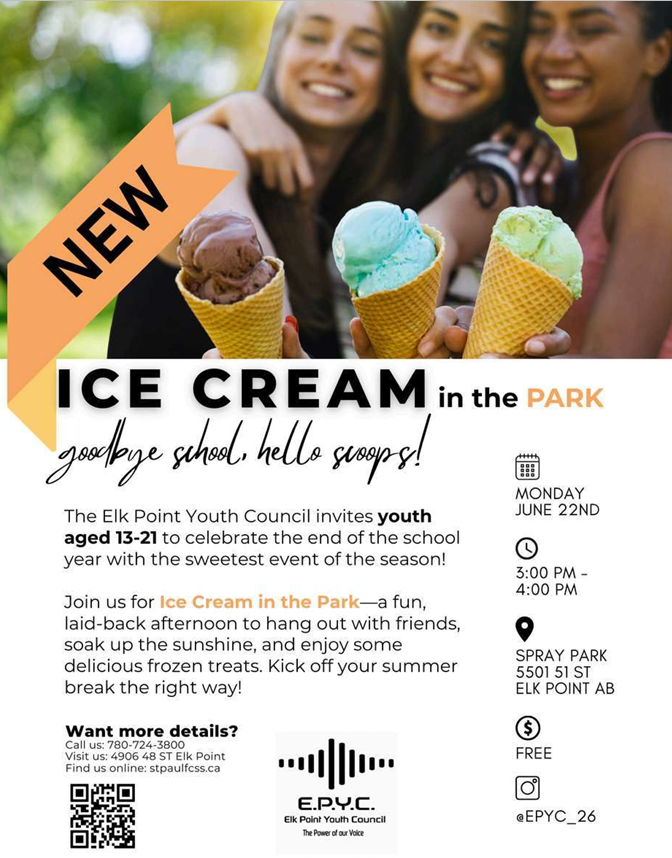 Elk Point Youth Council event poster for Ice Cream in the Park on June 22, 2026