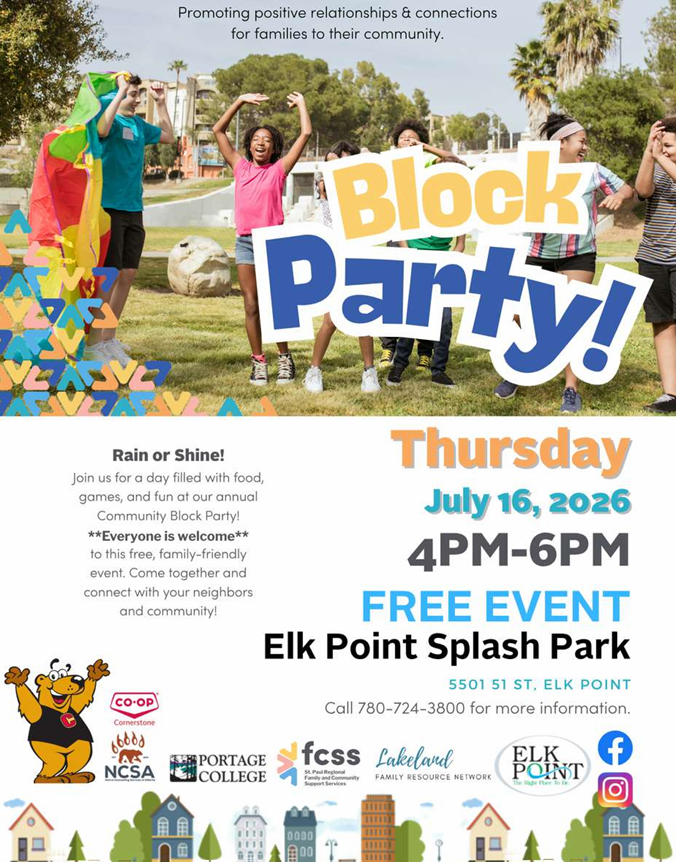 St. Paul Regional FCSS event poster for an Elk Point Block Party on July 16, 2026