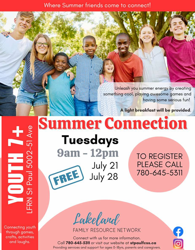 Lakeland Family Resource Network event poster for Summer Connections in St. Paul, Alberta, in July 2026