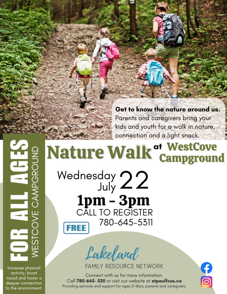 Lakeland Family Resource Network event poster for Nature Walk at Westcove Campground on July 22, 2026