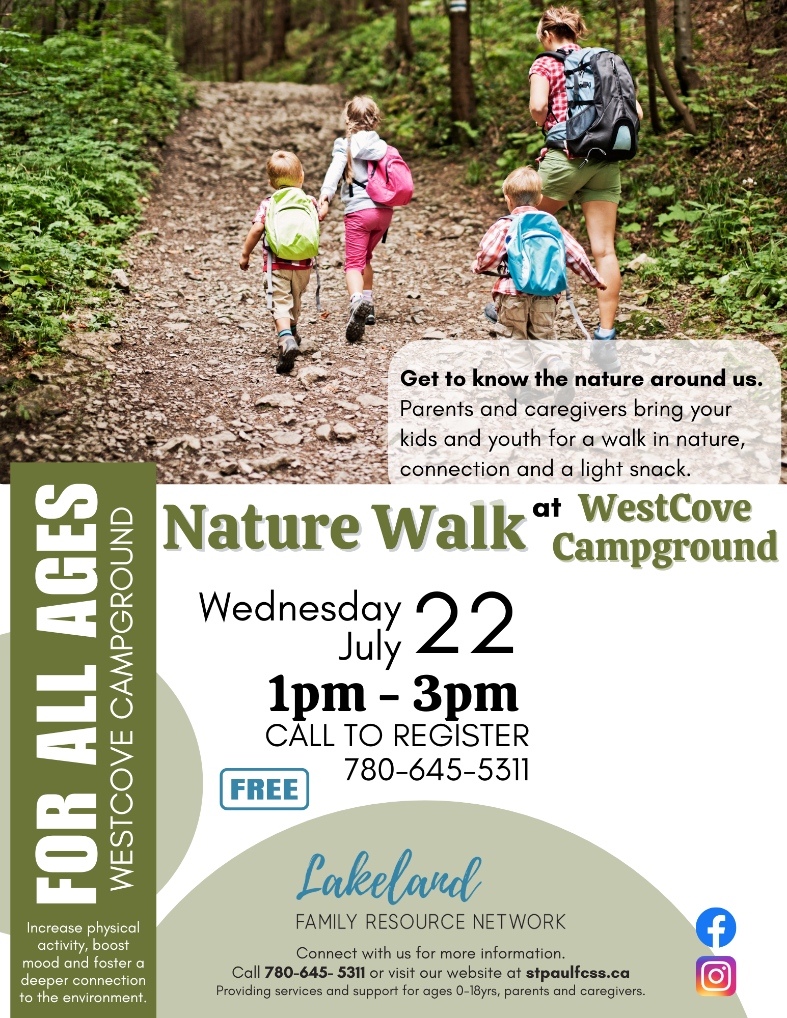 Lakeland Family Resource Network event poster for Nature Walk at Westcove Campground on July 22, 2026