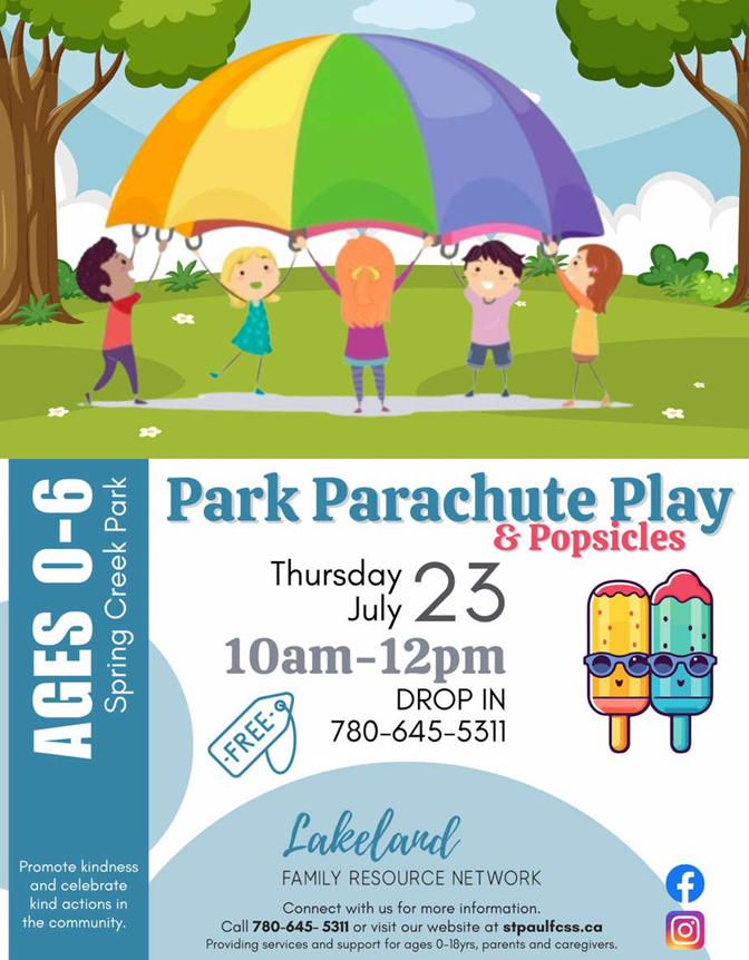 Lakeland Family Resource Network event poster for Park Parachute Play in St. Paul, Alberta, on July 23, 2026