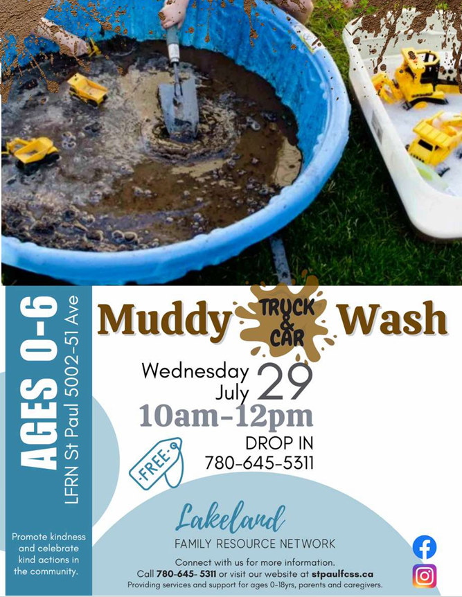 Lakeland Family Resource Network event poster for Muddy Truck & Car Wash in St. Paul, Alberta, on July 29, 2026