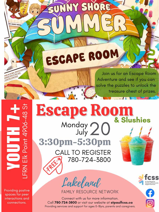 Lakeland Family Resource Network event poster for Escape Room in Elk Point, Alberta, on July 20, 2026