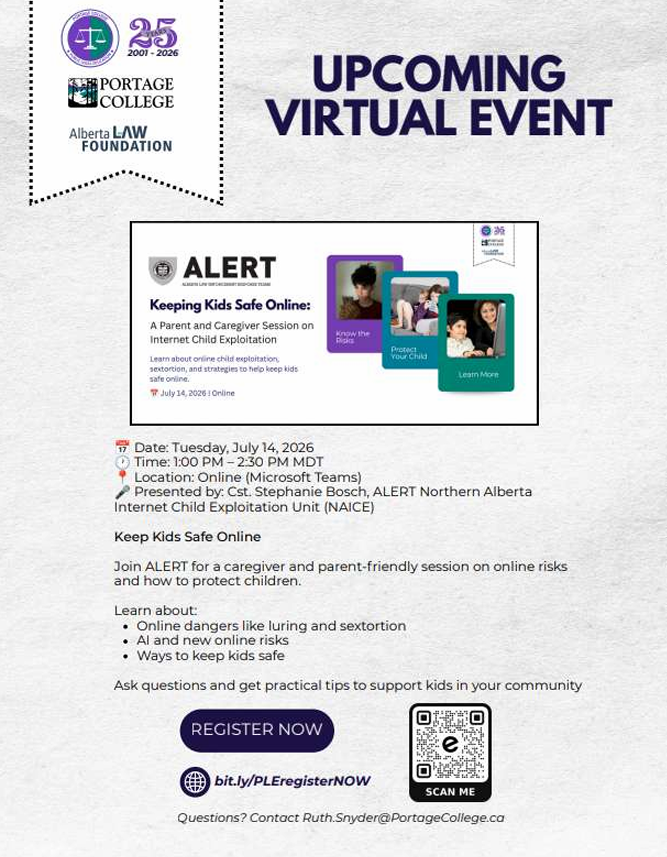 Portage College Public Legal Education event poster for Keeping Kids Safe Online, held online on July 14, 2026