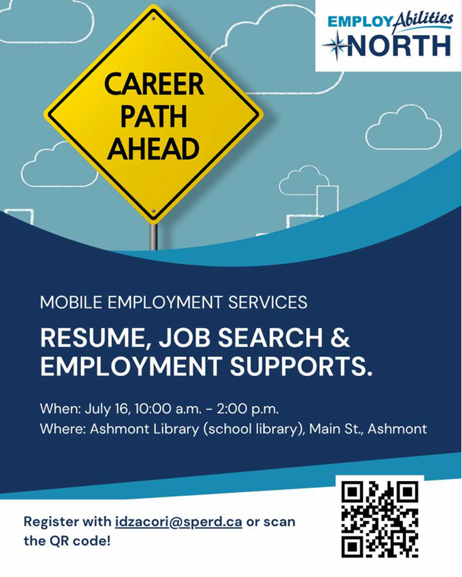 EmployAbilities event poster for Mobile Employment Services in Ashmont, Alberta, on July 16, 2026