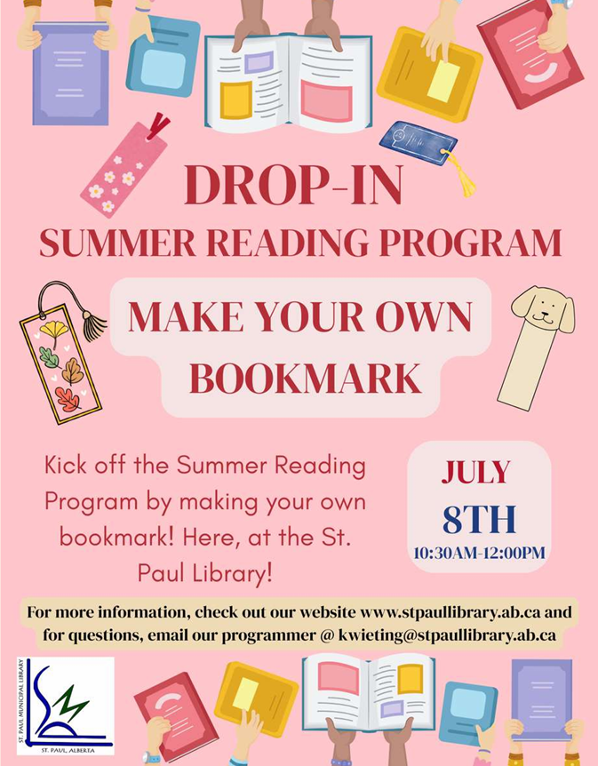St. Paul Municipal Library event poster for Make Your Own Bookmark on July 8, 2026