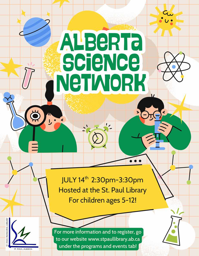 St. Paul Municipal Library event poster for Alberta Science Network on July 14, 2026