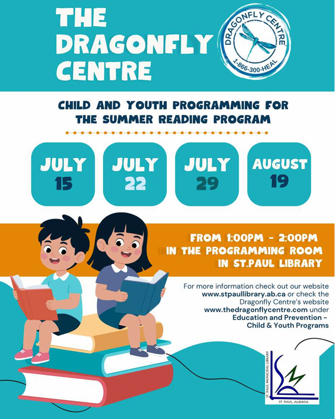 St. Paul Municipal Library event poster for Dragonfly Centre Reading Program throughout July and August 2026