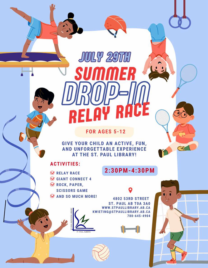 St. Paul Municipal Library event poster for Summer Drop-in Relay Race on July 29, 2026