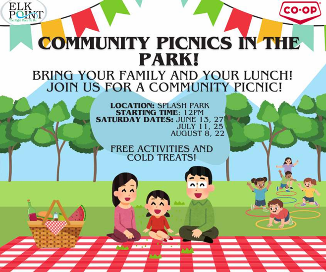 Town of Elk Point event poster for Community Picnics in the Park from July-August 2026