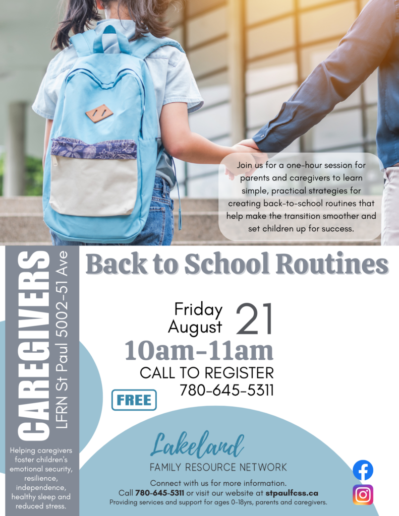 Lakeland Family Resource Network event poster for Back to School Routines on August 21, 2026
