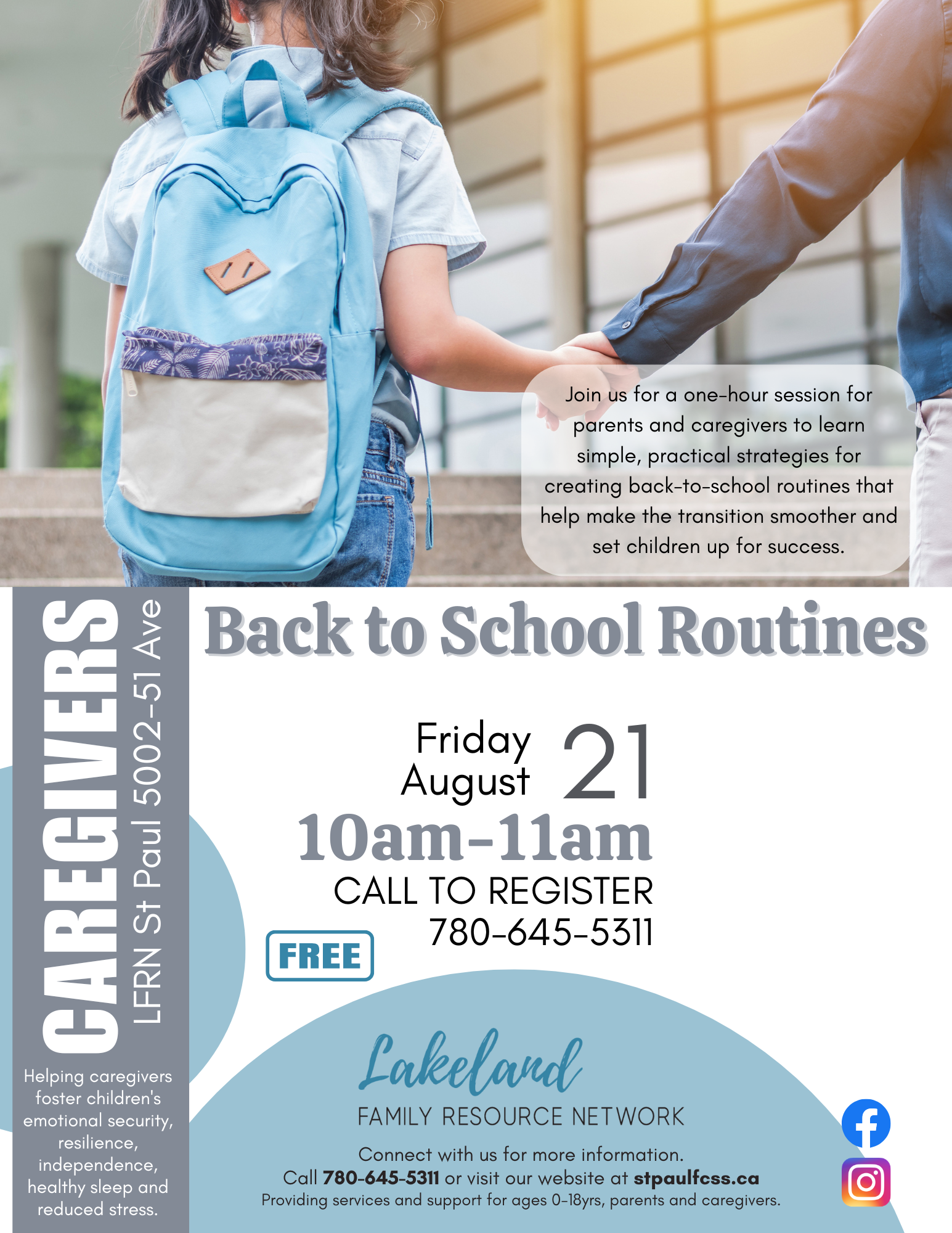 Lakeland Family Resource Network event poster for Back to School Routines on August 21, 2026
