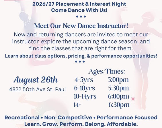 St. Paul & District Arts Foundation event poster for Meet the New Dance Instructor 2026/27 on August 26, 2026