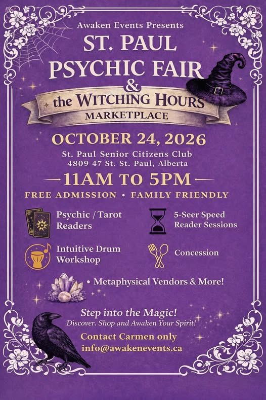 Awaken Events event poster for the Psychic Fair & Witching Hours Marketplace on October 24, 2026, in St. Paul, Alberta