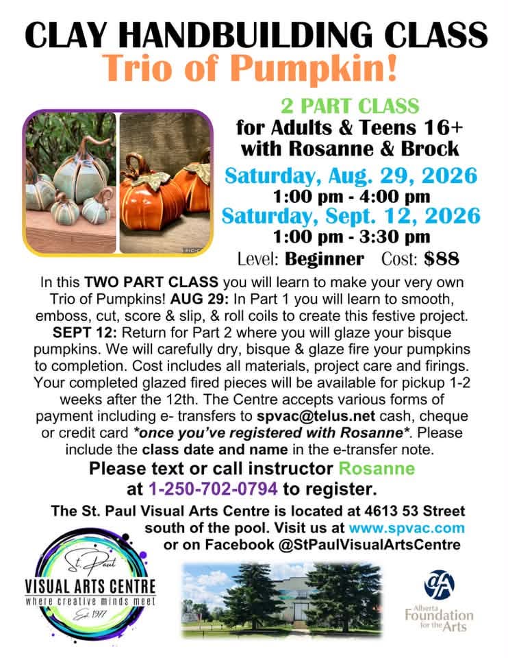 St. Paul Visual Arts Centre event poster for Clay Handbuilding Class, with the first part on August 29, 2026