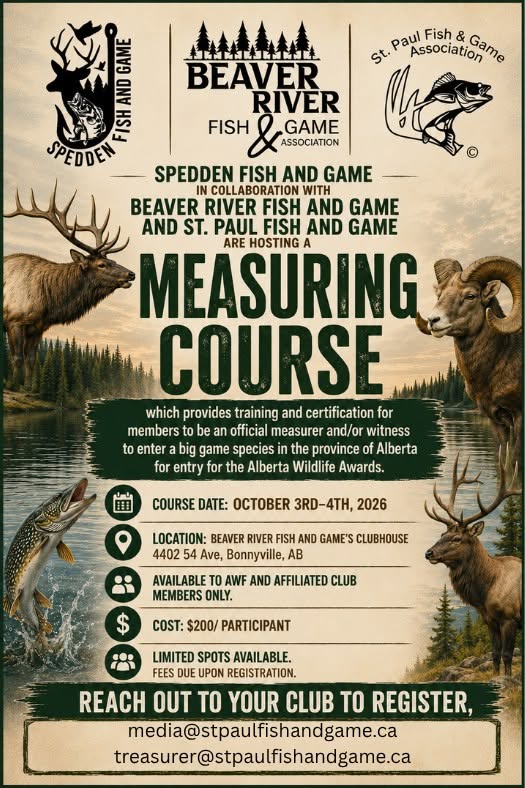 St. Paul Fish & Game Association event poster for a Measuring Course from October 3-4, 2026, in Bonnyville, Alberta