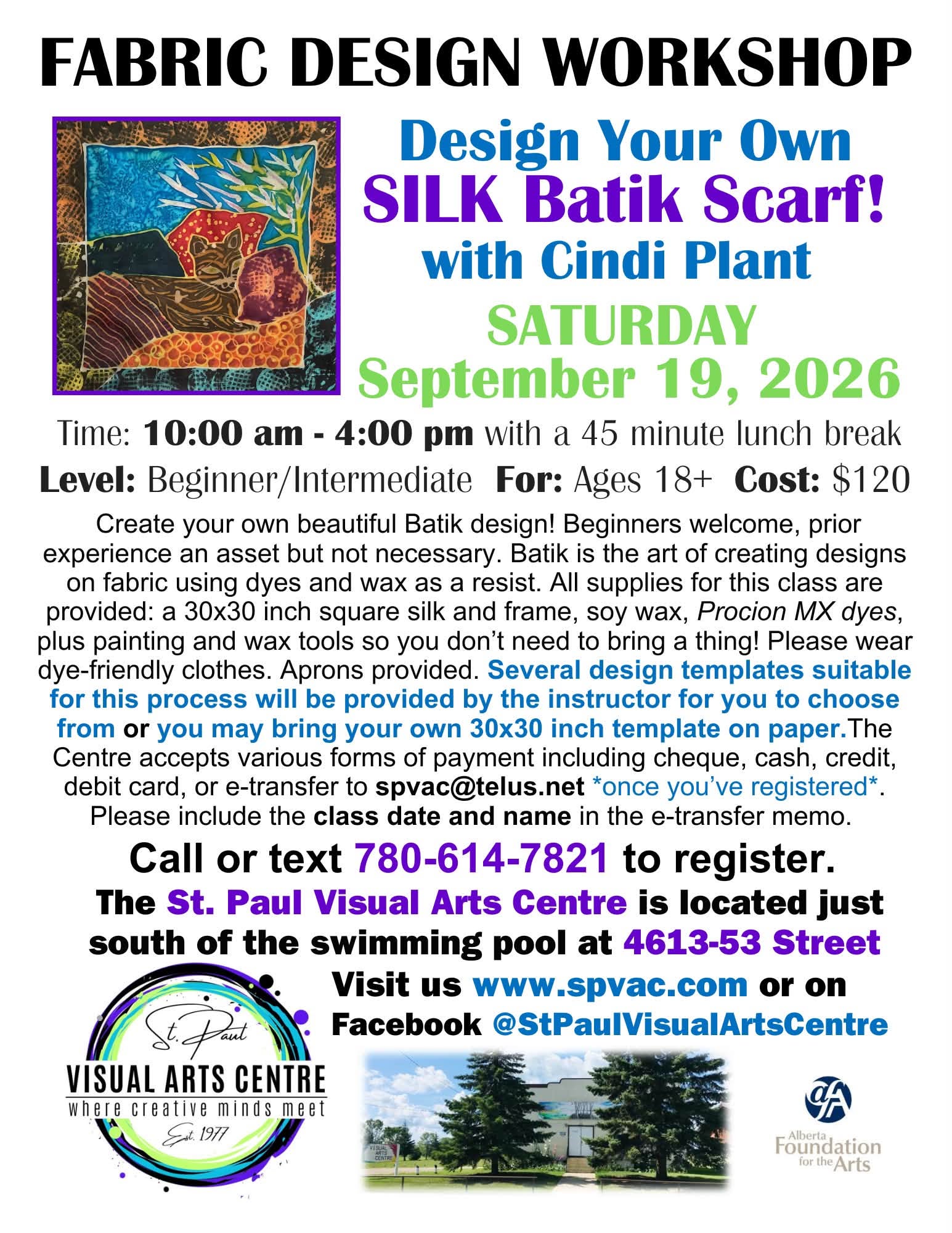 St. Paul Visual Arts Centre event poster for a Fabric Design Workshop on September 19, 2026