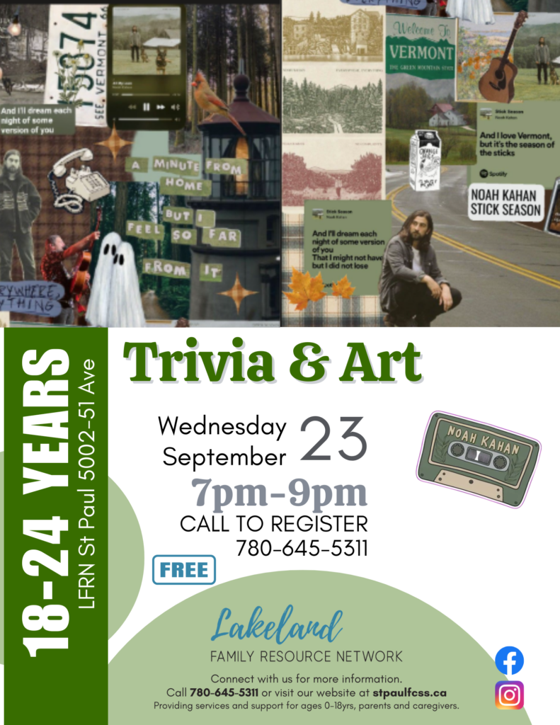Lakeland Family Resource Network event poster for Noah Kahan Trivia & Art on September 23, 2026 in St. Paul, Alberta