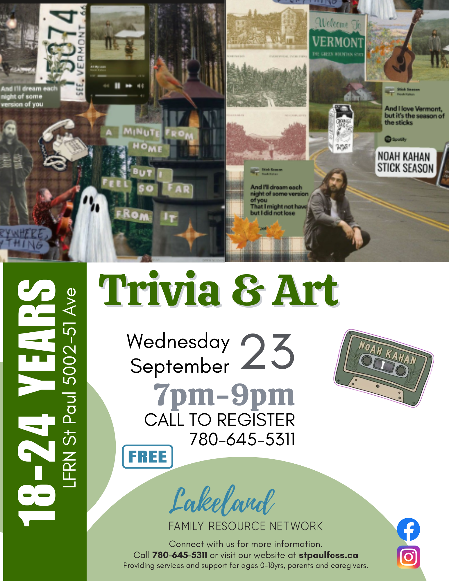 Lakeland Family Resource Network event poster for Noah Kahan Trivia & Art on September 23, 2026 in St. Paul, Alberta
