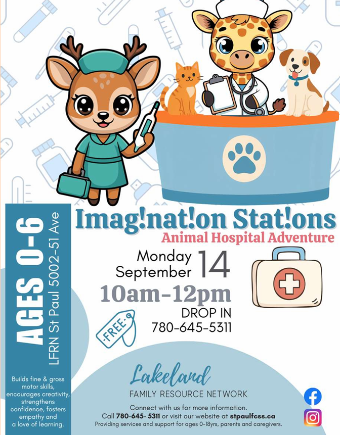 Lakeland Family Resource Network event poster for Imagination Station in St. Paul, Alberta, on September 14, 2026