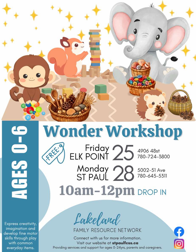 Lakeland Family Resource Network event poster for Wonder Workshop in St. Paul and Elk Point, Alberta, in September 2026
