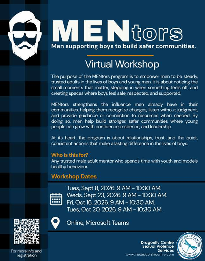 Dragonfly Centre event poster for MENtors Virtual Workshops, online for Lakeland residents from September-October 2026