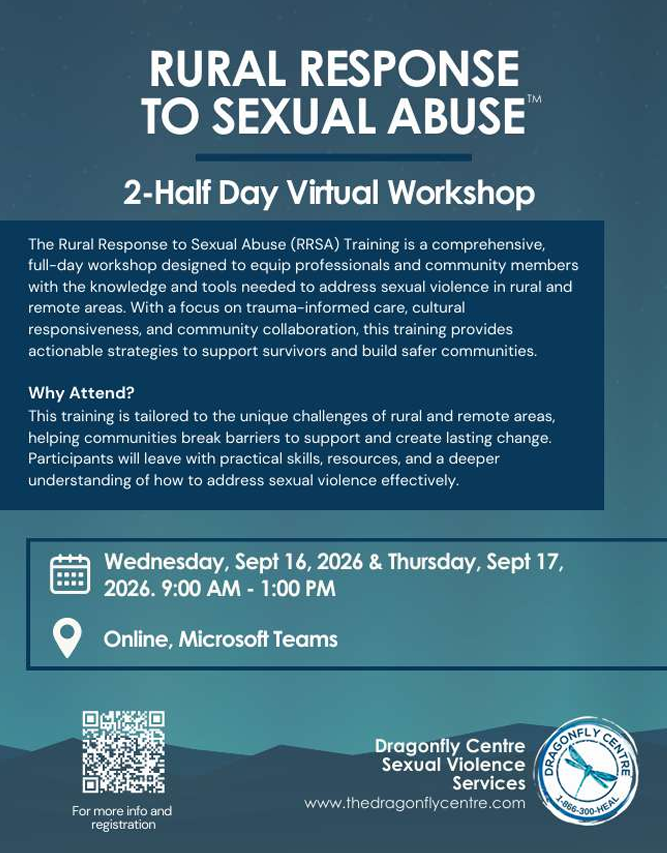 Dragonfly Centre event poster for Rural Response to Sexual Abuse Training workshop, online for Lakeland residents, from September 16-17, 2026