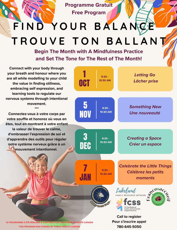 Shiny Rock Yoga event poster for Find Your Balance, monthly from October 2026 to January 2027 in St. Paul, Alberta
