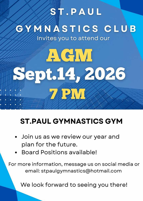 St. Paul Gymnastics Club event poster for their AGM on September 14, 2026
