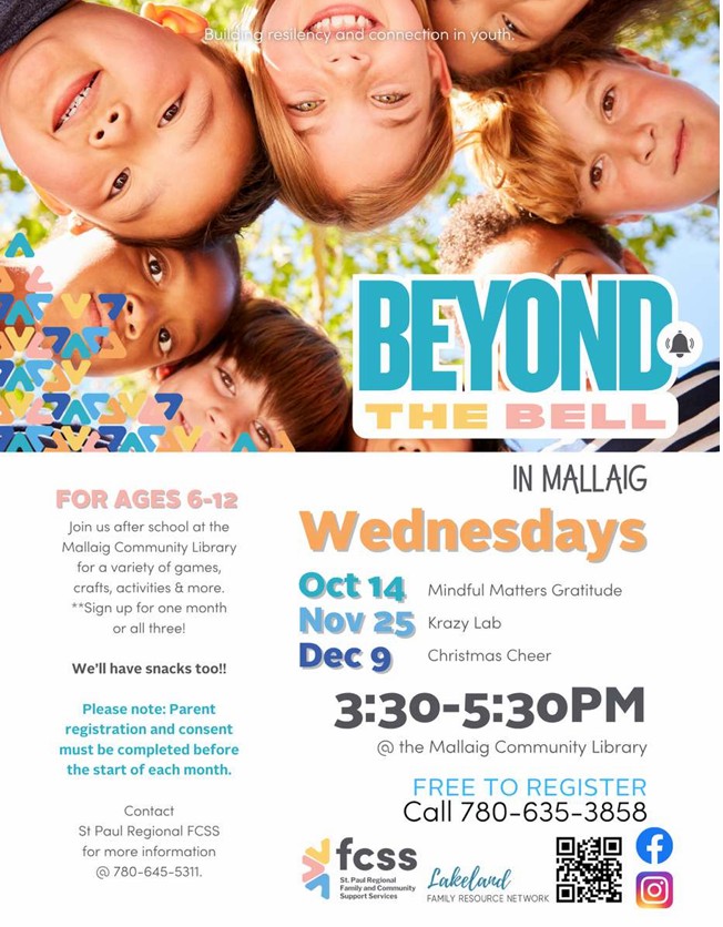 St. Paul Regional FCSS event poster for Beyond the Bell in Mallaig, Alberta, monthly from October-December 2026