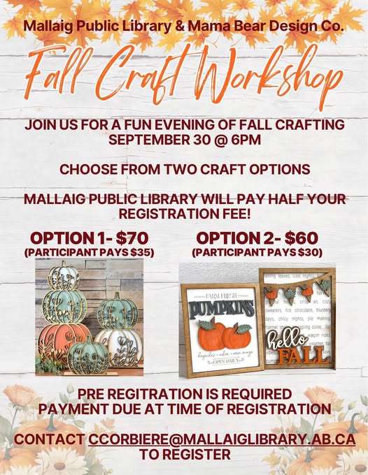 Mallaig Public Library event poster for Fall Craft Workshop on September 30, 2026