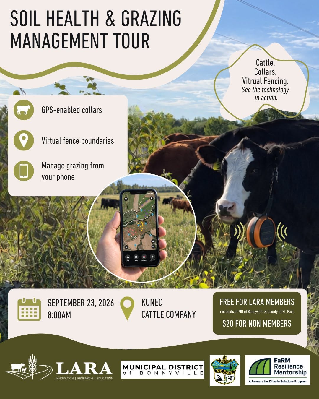 Lakeland Agricultural Research Association event poster for Soil Health & Grazing Management Tour on September 23, 2026, in the MD of Bonnville, Alberta