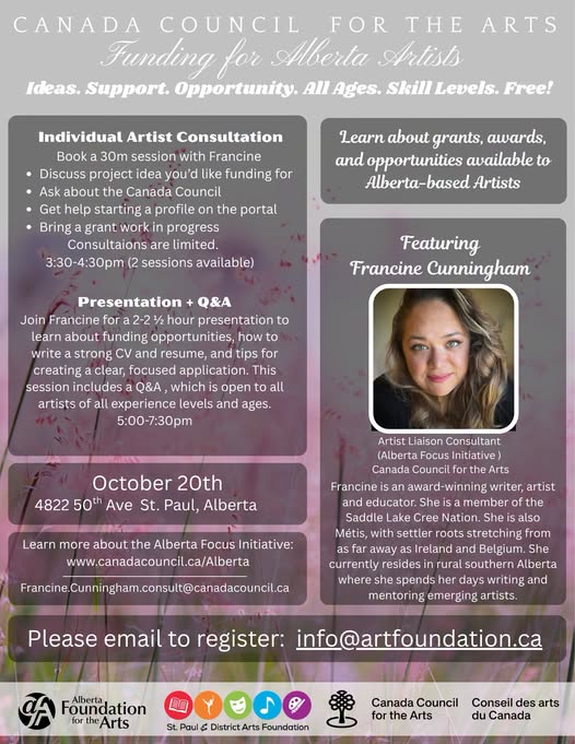 St. Paul & District Arts Foundation event poster for Canada Council for the Arts, Funding for Alberta Artists Workshop on October 20, 2026