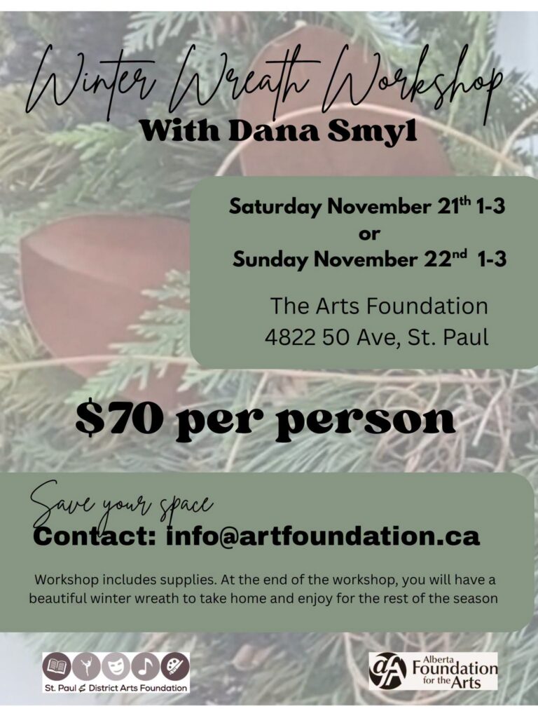 St. Paul & District Arts Foundation event poster for Wreath Making Workshop on November 21 or 22, 2026