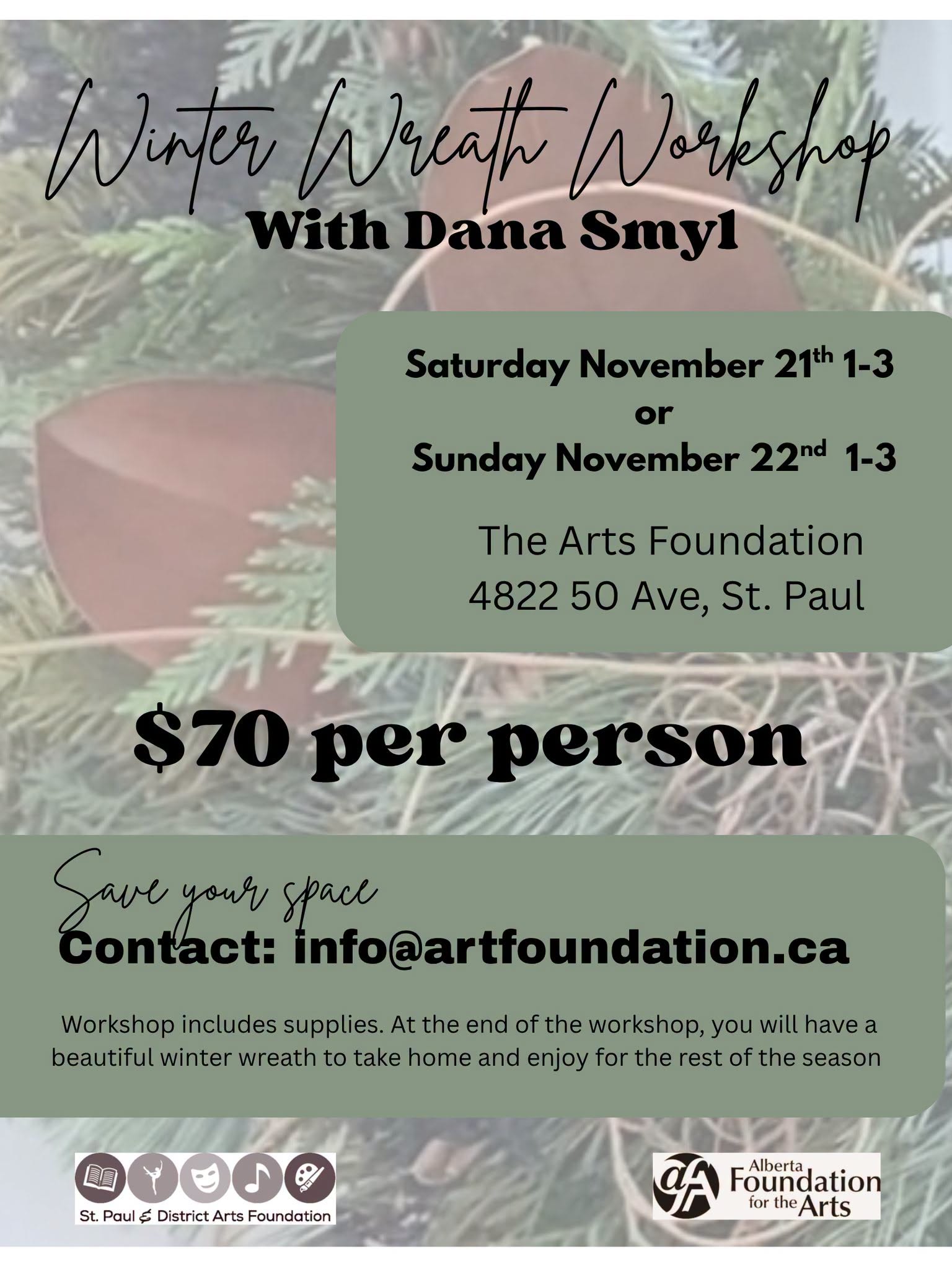 St. Paul & District Arts Foundation event poster for Wreath Making Workshop on November 21 or 22, 2026