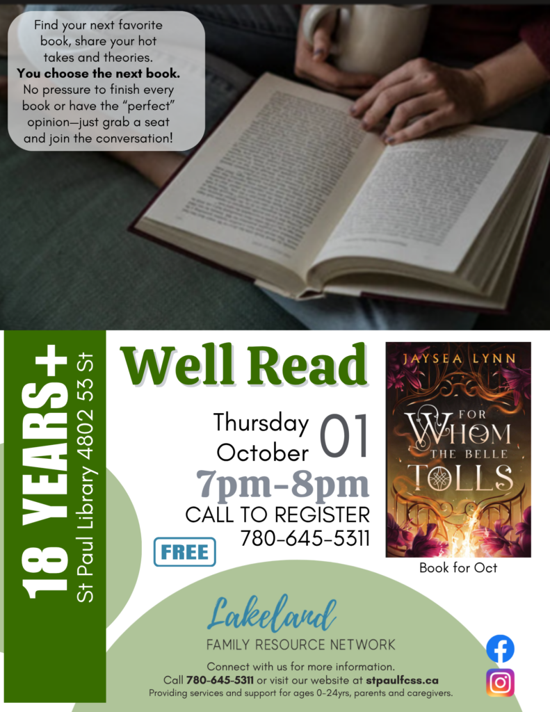 Lakeland Family Resource Network event poster for Well Read in St. Paul, Alberta, on October 1, 2026