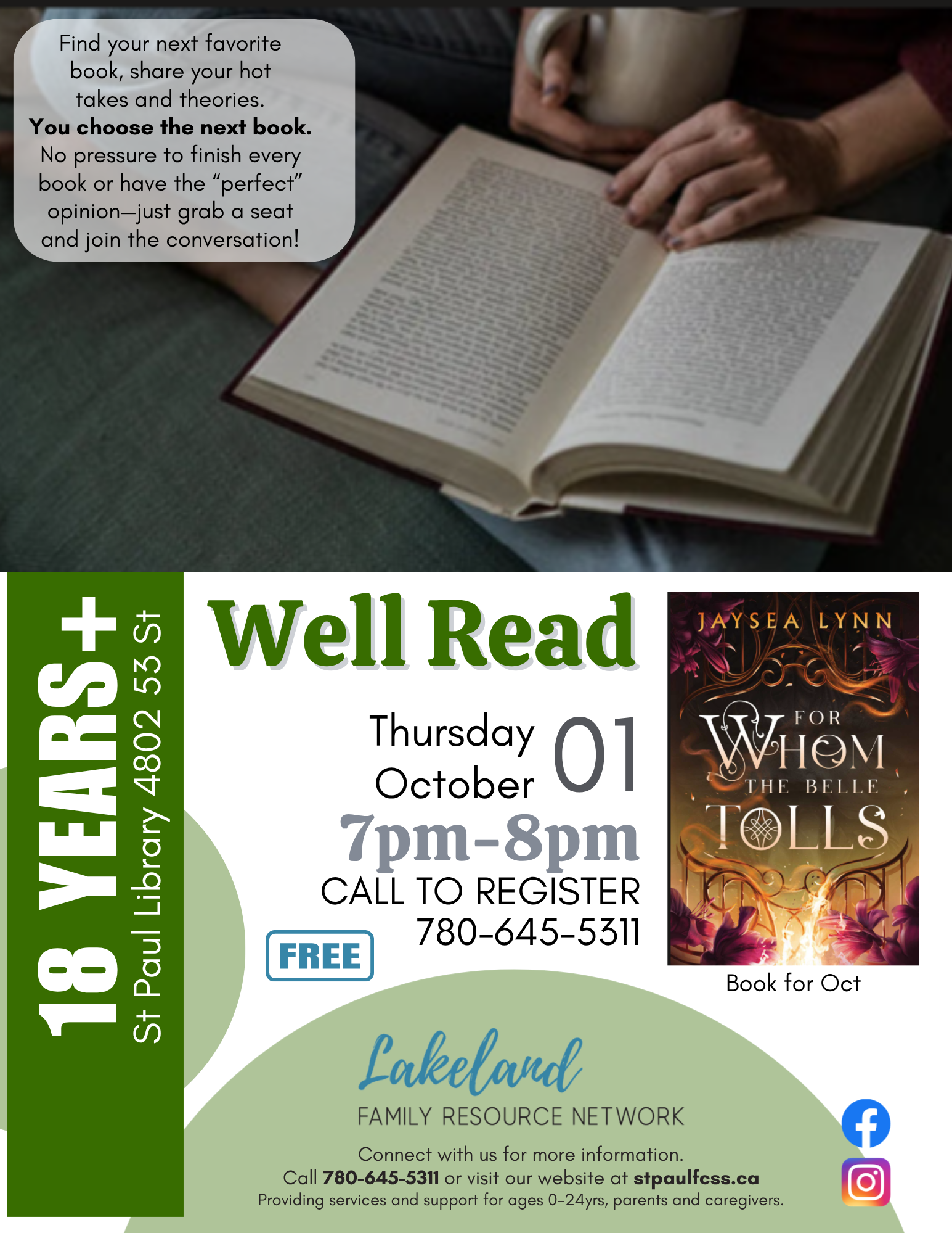 Lakeland Family Resource Network event poster for Well Read in St. Paul, Alberta, on October 1, 2026
