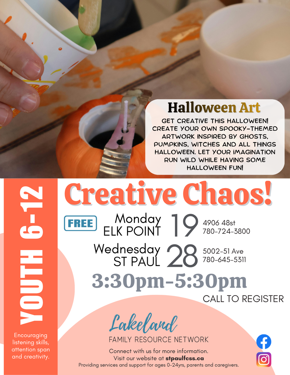 Lakeland Family Resource Network event poster for Creative Chaos, in Elk Point on October 19, 2026, and in St. Paul on October 28, 2026