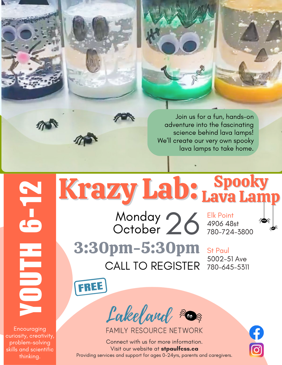 Lakeland Family Resource Network event poster for Krazy Lab on October 26, 2026, in both St. Paul and Elk Point, Alberta