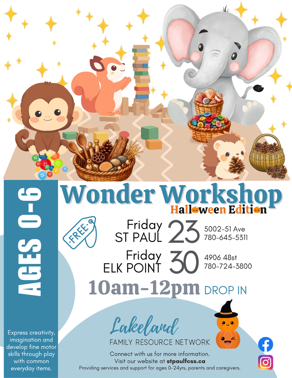 Lakeland Family Resource Network event poster for Wonder Workshop, on October 23 in St. Paul and October 30 in Elk Point
