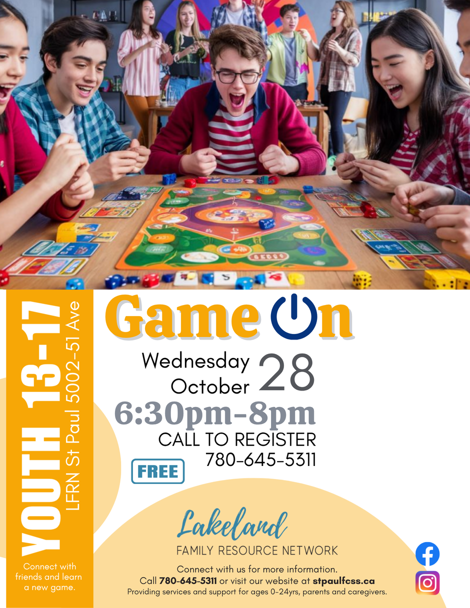 Lakeland Family Resource Network event poster for Game On on October 28, 2026, in St. Paul, Alberta