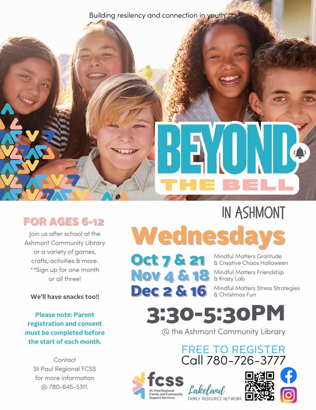 St. Paul Regional FCSS event poster for Beyond the Bell in Ashmont, Alberta, monthly from October-December 2026
